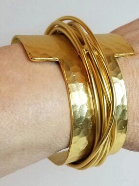 Karine Sultan Paris Cuff 24K Gold Bracelet Wide Statement Art to Wear Pewter